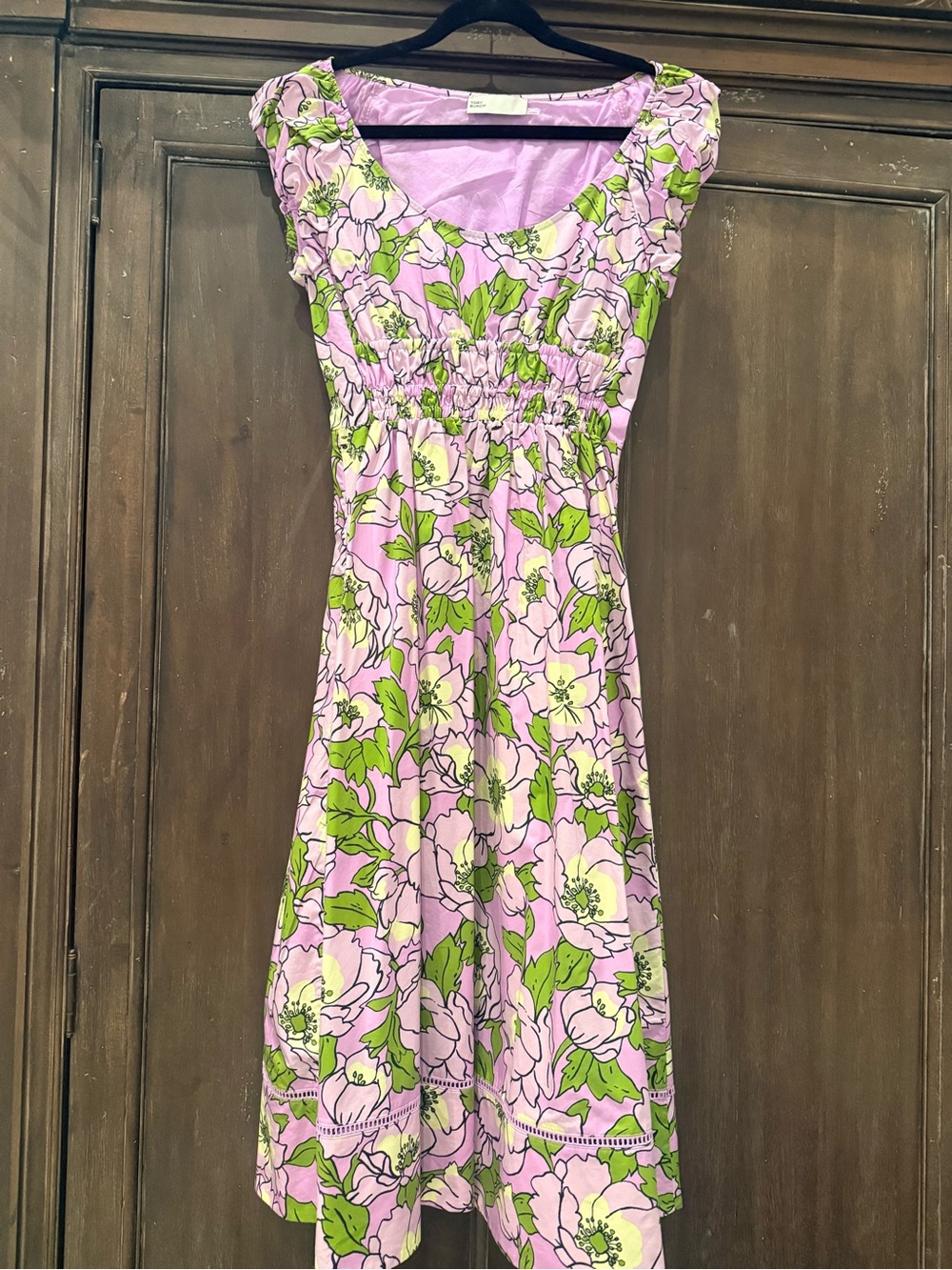 Tory Burch Pink & Green Floral Smocked Midi Dress